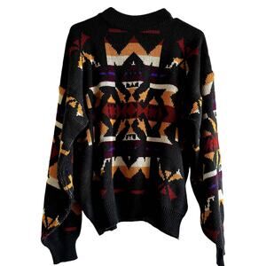 Vintage Bonjour Intl Aztec Sweater 80s Abstract Print Knit Crew Neck Black L